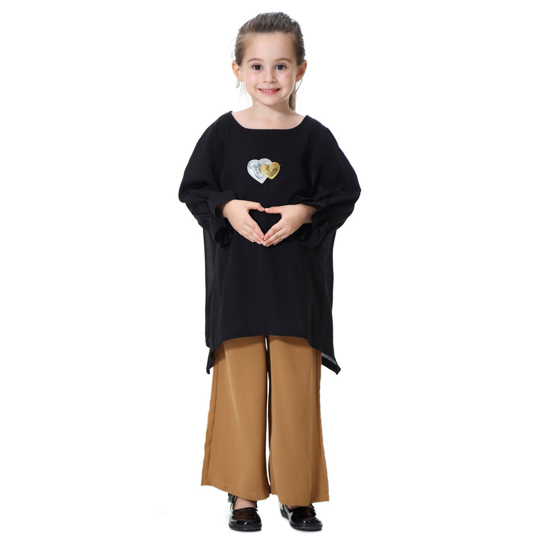 Long Sleeve Girls stylish Causal suit with pants of Dubai European Malaysia Muslim Kids Clothing Abaya kaftan dresses