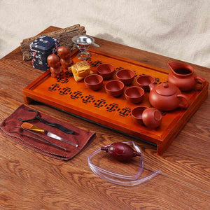 Chinese Purple Clay Kung Fu Tea Set Drinkware Tea Cup Tureen Infuser Chinese Tea Ceremony with Wood Tea Tray Chahai Tea Table
