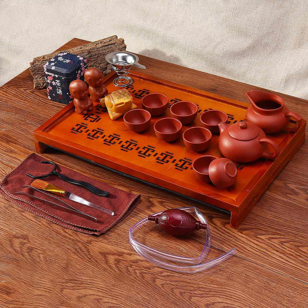Chinese Purple Clay Kung Fu Tea Set Drinkware Tea Cup Tureen Infuser Chinese Tea Ceremony with Wood Tea Tray Chahai Tea Table